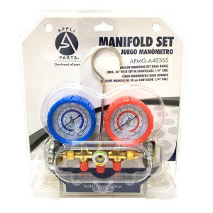 Appli Parts APMG-A4B36S R600 Manifold Gauge Set, Brass Body with Sight-glass, Includes 36 in Hose Set 1/4in SAE, Dual Pressure psi/Bar, Dual Temperature Fahrenheit/Celsius Scales 