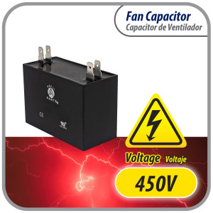 Appli Parts Fan motor Capacitor 1.5 mfd (microfarads) uf 450VAC CBB61 with 4 Terminal connections universal fit for electric fan applications  1-3/8in Width 1/2in Depth 1-1/4in Height CAP-1.5-450