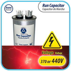 Appli Parts Run Capacitor for ac 45 Mfd uF (microfarads) 370 VAC or 450 VAC CBB65 Round Universal fit for hvac and other applications 4-1/4 in High 1-7/8 in Wide CON-45-450
