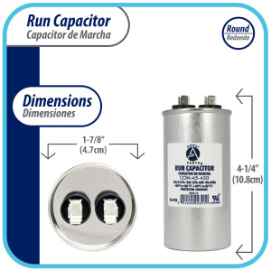 Appli Parts Run Capacitor for ac 45 Mfd uF (microfarads) 370 VAC or 450 VAC CBB65 Round Universal fit for hvac and other applications 4-1/4 in High 1-7/8 in Wide CON-45-450