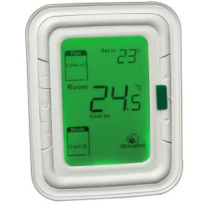 Honeywell T6861V1WG Termostato Fan Coil, Vertical, Blanco, Pantalla Verde, 2/4 Tubos, 115 V