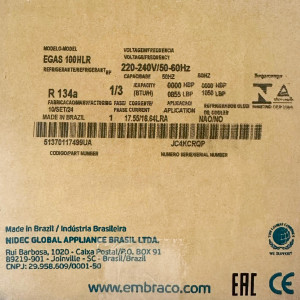 Embraco EGAS 100HLR Compresor 1/3 HP, R-134a 220/1/50/60 (V,Ph,Hz) LBP