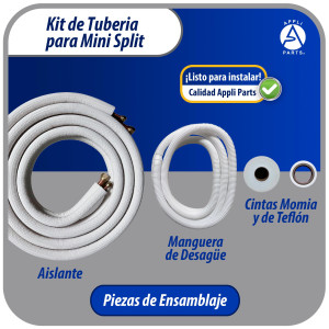 Appli Parts APLS-K14123813 Kit de Tuberia Mini Split 1/4 x 1/2 in, 4 m, con Aislante 3/8, Manguera Desague, Cinta Momia y Cinta Teflon. Fabricado en cobre y aluminio