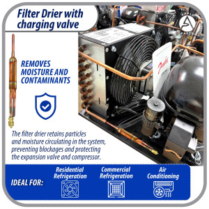 Appli Parts APFD-115S Copper Liquid line filter dryer with Charging Service Valve 1/4 x 1/4 in 15g 0.53oz for universal refrigeration and air conditioner applications 