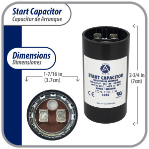 Appli Parts CON-100-110 Capacitor de Arranque 100-120 MFD (microfaradios) uF, 110-125 VAC. Universal para Motores Electricos, condensador de arranque de 3.7 cm de Diametro, 7 cm de Alto