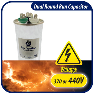 Appli Parts Dual Run Capacitor for ac 40+5 Mfd uF (microfarads) 370 VAC or 450 VAC CBB65 Round Universal fit for hvac and other applications 4-3/4 in High 2 in Wide CON-40/5-450
