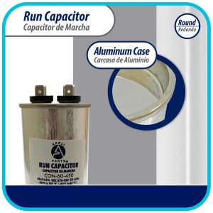 Appli Parts Run Capacitor for ac 60 Mfd uF (microfarads) 370 VAC or 450 VAC CBB65 Round Universal fit for hvac and other applications 5-7/16 in High 2 in Wide CON-60-450