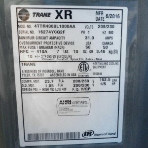 Unidad Cond. Descarga Vertical 60.000btu Xr14 Trane Seer15.5 R410 208-230v/60hz/1ph 4ttr4060l1