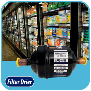 Appli Parts APFD-053S 3/8 in Liquid Line Refrigerant AC Filter Drier hvac Refrigeration 053S ODF Sweat Solder connection universal unidirectional 4-1/2 in long 2 in wide