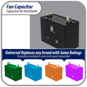 Appli Parts Condensador Capacitor de ventilador 3 mfd (microfaradios) uf 450VAC con conectores compatible con cualquier marca de igual capacitancia 3.7cm Ancho 1.8cm Profundidad 3.7cm Alto CAP-3-450
