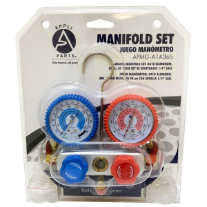 Appli Parts APMG-A1A36S R410A Manifold Gauge Set Dual Scale kPa/psi and Temperature Fahrenheit and Celsius, Aluminum Body with Sight Glass, Includes 90 cm Hoses 5/16 SAE Red Blue and 1/4 SAE Yellow