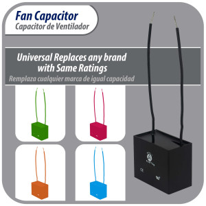 Appli Parts Fan Capacitor 9 mfd (microfarads) uf 250 VAC with 2 Wire Terminal Connections compatible with any brand with same capacitance 2-1/4in Width 3/4in Depth 1-3/8in Height CAP-9-250-2C