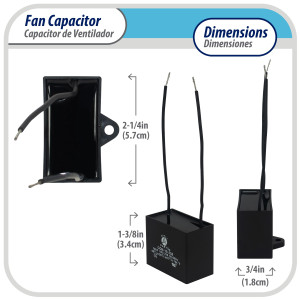 Appli Parts Fan Capacitor 9 mfd (microfarads) uf 250 VAC with 2 Wire Terminal Connections compatible with any brand with same capacitance 2-1/4in Width 3/4in Depth 1-3/8in Height CAP-9-250-2C