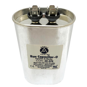 Appli Parts Run Capacitor for ac 60 Mfd uF (microfarads) 370VAC CBB65 Oval Universal fit for hvac and other applications 2-3/4in Wide 1-3/4in Depth 4-1/2in High CON-60-370
