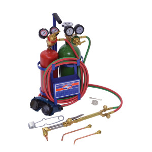 Uniweld Oxyacetilene Welding Outfit KL550-4C-T Includes: Weld Handle and Tip / Cut Attachment and Tip / Oxygen and Acetylene Regulator / Hose / Goggles / Lighter / Tank Key / Carrying Stand / Tank