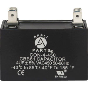 Appli Parts Fan Capacitor 4 mfd (microfarads) uf 450 VAC with 4 Terrminal Connections compatible with any brand within the  same range of capacitance 1-7/8in Width 3/4in Depth 1-1/2in Height CAP-4-450