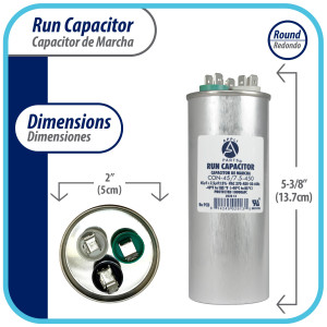 Appli Parts CON-45/7.5-450 Dual Run Capacitor for ac 45+7.5 Mfd uF (microfarads) 370VAC or 450VAC CBB65 Round Universal fit for hvac and other applications 5-3/8 in High 2 in Wide
