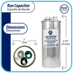 Appli Parts Dual Run Capacitor for ac 45+5 Mfd uF (microfarads) 370VAC or 450VAC CBB65 Round Universal fit for hvac and other applications 5-1/4 in High 2 in Wide CON-45/5-450   