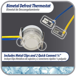 Appli Parts APBT-L55CA Bimetal Thermostat 2 Wire, Open 55 F and Close 40 F, With Clip, blue and yellow colored wires, Reference BIM-318 / Thermodisc