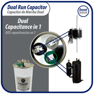 Appli Parts CON-50/7.5-450 Dual Run Capacitor for ac 50+7.5 Mfd uF (microfarads) 370VAC or 450VAC CBB65 Round Universal fit for hvac and other applications 5-3/8 in High 2-1/8 in Wide