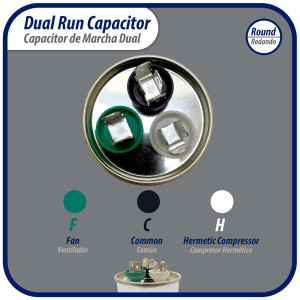 Appli Parts Dual Run Capacitor for ac 50+7.5 Mfd uF (microfarads) 370VAC CBB65 Round Universal fit for hvac and other applications 2 in Wide 5-3/8 in Height CON-50/7.5-370-R 