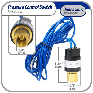 Appli Parts APPS-2580 Lo Pressure Control Switch R22, Open 25 psi, Close 80 psi, 40 in Cable, SPST, 1/4 SAE female connection, Automatic Reset, universal replacement for Air Conditioning Applications Appli Parts APPS-2580 Lo Pressure Control Switch R22, Open 25 psi, Close 80 psi, 40 in Cable, SPST, 1/4 SAE female connection, Automatic Reset, universal replacement for Air Conditioning Applications