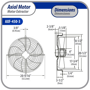 Appli Parts AXF-450-3 Extractor Axial 450 mm (17-3/4 pulg) 220 V, 3 ph, 60 Hz, 300 W, 1600 rpm, Rango Temperatura -30 C a 60 C, incluye aspa y base tipo jaula