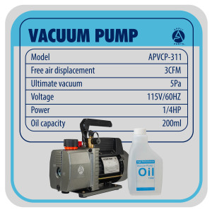 Appli Parts APVCP-311 Bomba de Vacio de 3.0 CFM 1/4 HP 1 etapa 115 V, 60 Hz, para calefaccion, aire acondicionado y sistemas de refrigeracion para aplicaciones domesticas y automotrices 