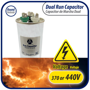Appli Parts Dual Run Capacitor for ac 75+10 Mfd uF (microfarads) 370VAC or 450VAC CBB65 Round Universal fit for hvac and other applications 5-5/8 in High 2-1/4 in Wide CON-75/10-450