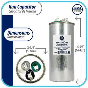 Appli Parts Dual Run Capacitor for ac 75+10 Mfd uF (microfarads) 370VAC or 450VAC CBB65 Round Universal fit for hvac and other applications 5-5/8 in High 2-1/4 in Wide CON-75/10-450