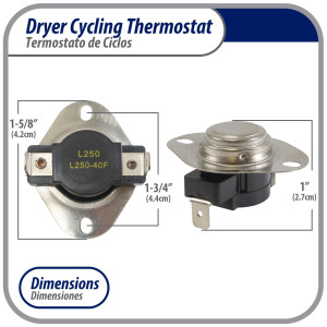 Appli Parts APDT-L250 Thermostat Dryer snap disc L-250-40F Hi limit opens at 250 F replacement for WH4X584 APDT-L250 Replaces 2934, 80000, 279052 286473, 298260, 299617, 339357, 339502 and others