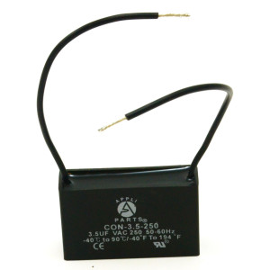 Appli Parts Fan Capacitor 3.5 mfd (microfarads) uf 250 VAC with 2 Wire Terminal Connections compatible with any brand with same capacitance 1-7/8in Width 1/2in Depth 1-1/8in Height CAP-3.5-250-2C