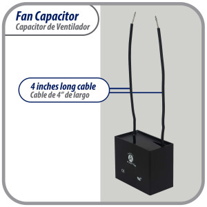 Appli Parts Fan Capacitor 6 mfd (microfarads) uf 250 VAC with 2 Wire Terminal Connections compatible with any brand with same capacitance 1-7/8in Width 3/4in Depth 1-3/8in Height CAP-6-250-2C