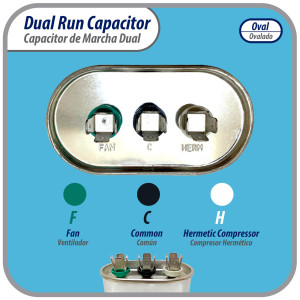 Appli Parts Dual Run Capacitor for ac 20+5 Mfd uF (microfarads) 370VAC CBB65 Oval Universal fit for hvac and other applications  2-3/4 in Wide 1-3/4 in Depth 4-1/4 in Height CON-20/5-370