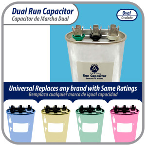 Appli Parts Dual Run Capacitor for ac 20+5 Mfd uF (microfarads) 370VAC CBB65 Oval Universal fit for hvac and other applications  2-3/4 in Wide 1-3/4 in Depth 4-1/4 in Height CON-20/5-370