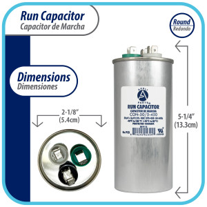 Appli Parts Dual Run Capacitor for ac 50+5 Mfd uF (microfarads) 370VAC or 450VAC CBB65 Round Universal fit for hvac and other applications 5-1/4 in High 2-1/8 in Wide CON-50/5-450 Replaces CAP-50/5-450