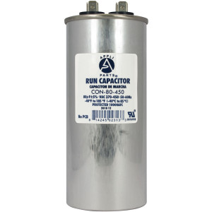 Appli Parts Run Capacitor for ac 80 Mfd uF (microfarads) 370 VAC or 450 VAC CBB65 Round Universal fit for hvac and other applications 5-1/4 in High 2 in Wide CON-80-450 