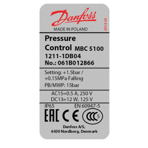 Danfoss Compact Pressure Switch 0.3 to 0.45 bar Mbc5100 061B012866