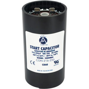 Appli Parts motor start capacitor 216-259 Mfd (microfarads) uF 250 VAC universal fit for electric motor applications 1-3/4 in Wide 3-3/8 in Height CON-216-250

