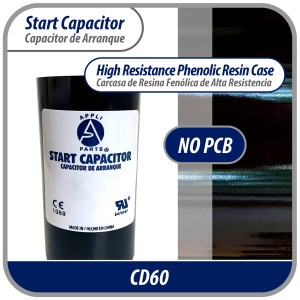 Appli Parts motor start capacitor 216-259 Mfd (microfarads) uF 250 VAC universal fit for electric motor applications 1-3/4 in Wide 3-3/8 in Height CON-216-250

