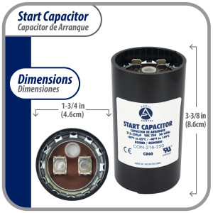 Appli Parts motor start capacitor 216-259 Mfd (microfarads) uF 250 VAC universal fit for electric motor applications 1-3/4 in Wide 3-3/8 in Height CON-216-250

