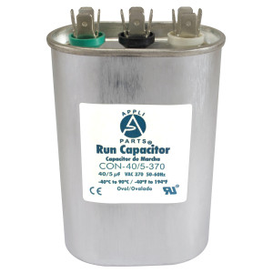 Appli Parts Dual Run Capacitor for ac 40+5 Mfd uF (microfarads) 370VAC CBB65 Oval Universal fit for hvac and other applications 2-3/4in Wide 1-3/4in Depth 4-1/4in High CON-40/5-370