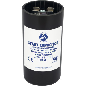 Appli Parts motor start capacitor 161-193 Mfd (microfarads) uF 110-125 VAC universal fit for electric motor applications 1-7/16 in Diameter 2-3/4 in Height CON-161-110
