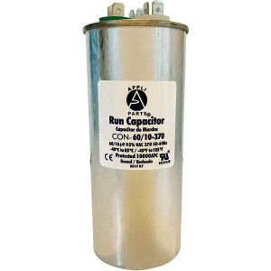 Appli Parts Dual Run Capacitor for ac 60+10 Mfd uF (microfarads) 370VAC CBB65 Round Universal fit for hvac and other applications 2-1/4 in Wide 5-1/2 in Height CON-60/10-370-R  