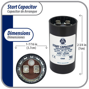 Appli Parts motor start capacitor 108-130 Mfd (microfarads) uF 110-125 VAC universal fit for electric motor applications 1-7/16 in Diameter 2-3/4 in Height CON-108-110

