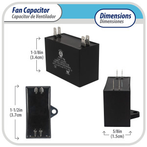 Appli Parts Fan Capacitor 2.5 mfd (microfarads) uf 250 VAC with 2 Terminal Connections compatible with any brand within the same range capacitance 1-1/2in Width 5/8in Depth 1-3/8in Height CAP-2.5-250