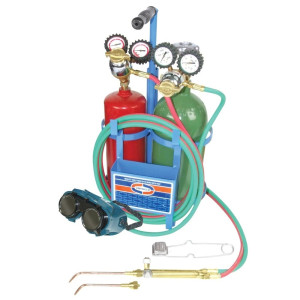 Uniweld Juego Soldadura Profesional K24TB-T Incluye Manilla Soldar / Puntas Soldar / Regulador Oxigeno y Acetileno / Mangueras / Gafas / Encendedor / Llave Tanque / Base y Tanques 