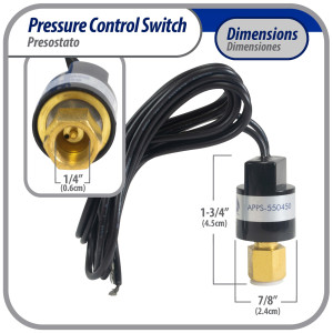 Appli Parts APPS-550450 Hi Pressure control switch R410, Open 550 psi, Close 450 psi, 40 in Cable, SPST, 1/4 SAE female connection, Automatic Reset, universal replacement for Air Conditioning Applications Appli Parts APPS-550450 Hi Pressure control switch R410, Open 550 psi, Close 450 psi, 40 in Cable, SPST, 1/4 SAE female connection, Automatic Reset, universal replacement for Air Conditioning Applications