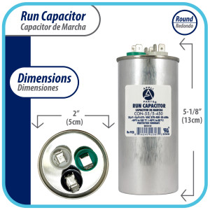 Appli Parts Dual Run Capacitor for ac 55+5 Mfd uF (microfarads) 370VAC or 450VAC CBB65 Round Universal fit for hvac and other applications 5-1/8 in High 2 in Wide CON-55/5-450