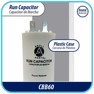 Appli Parts Condensador Capacitor de Marcha 25 Mfd uF (microfaradios) 250VAC CBB60 Cuerpo plastico para bombas de agua y otras aplicaciones Redondo UL E476928 8 cm Alto 4 cm Ancho CON-25-250-P